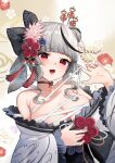  1girl absurdres bandages bangs bare_shoulders black_choker black_hair blue_flower blunt_bangs blush bow breasts chest_sarashi choker cleavage collarbone commentary_request eyelashes flower flower_(symbol) flower_knot frilled_kimono frills grey_hair grey_kimono hair_bow hair_bun hair_flower hair_ornament hairpin hand_up heart highres hololive japanese_clothes kanzashi kimono large_breasts long_sleeves looking_at_viewer medium_hair multicolored_background multicolored_hair off_shoulder open_mouth pink_flower print_kimono red_eyes red_flower rope sakamata_chloe sarashi sidelocks single_hair_bun single_side_bun skindentation smile solo streaked_hair sunano_reona tassel undone_sarashi upper_body virtual_youtuber white_background wide_sleeves 