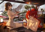  2girls absurdres bangs bare_arms bare_shoulders blush breasts character_request cleavage collarbone echocalypse hair_between_eyes hair_bun highres holding hyonee large_breasts long_hair looking_at_viewer multiple_girls naked_towel onsen orange_eyes parted_lips red_eyes red_hair revision single_hair_bun sitting smile thighs towel 