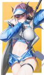  1girl absurdres arknights bangs bare_shoulders bikini blue_jacket blush border brown_eyes commentary_request cowboy_shot grin highres horns jacket long_sleeves looking_at_viewer navel official_alternate_costume outside_border purple_hair r_oot short_hair sideroca_(arknights) sideroca_(light_breeze)_(arknights) smile solo standing stomach swimsuit thigh_strap thighs visor_cap white_bikini white_border yellow_background 