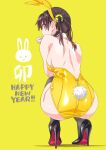  1girl animal_ears ass back bare_shoulders breasts brown_hair english_text hair_ornament happy_new_year high_heels highres looking_at_viewer looking_back nirasawa_hiyoko original playboy_bunny rabbit_ears red_eyes shiny shiny_clothes shiny_skin sideboob solo squatting suzutsuki_kurara twintails 