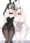  2girls alternate_costume animal_ears arm_around_waist asymmetrical_bangs bangs bare_shoulders bed_sheet black_bow black_bowtie black_leotard black_pantyhose blush bow bowtie breasts brown_eyes cleavage collarbone commentary_request covered_navel dark_green_hair detached_collar fake_animal_ears frown hair_ribbon highres kantai_collection large_breasts leotard long_hair looking_at_viewer md5_mismatch multiple_girls orange_eyes pantyhose playboy_bunny rabbit_ears red_bow red_bowtie revision ribbon shoukaku_(kancolle) sitting size_difference small_breasts smile straight_hair sweatdrop takaman_(gaffe) thighband_pantyhose thighhighs twintails white_background white_hair white_leotard white_ribbon white_thighhighs white_wrist_cuffs zuikaku_(kancolle) 