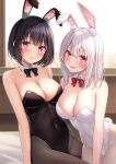 2girls :d :o absurdres animal_ear_fluff animal_ears bare_shoulders black_bow black_bowtie black_hair black_leotard black_pantyhose blush bow bowtie breast_press breasts cleavage collar commentary_request covered_navel detached_collar fake_animal_ears highleg highleg_leotard highres indoors karutamo leotard long_hair looking_at_viewer medium_breasts multiple_girls original paid_reward_available pantyhose playboy_bunny purple_eyes rabbit_ears red_bow red_bowtie red_eyes short_hair sitting smile white_collar white_hair white_leotard white_pantyhose window wing_collar 