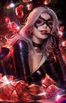  1girl black_cat_(marvel) black_choker black_gloves breasts choker cleavage collarbone dcwj domino_mask fur_trim gem gloves highres long_hair looking_at_viewer marvel mask official_art open_mouth realistic red_gemstone red_lips signature smile spider-man spider-man_(series) white_hair 