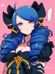  ... 1girl alternate_costume anger_vein angry bangs black_bow black_dress black_gloves blue_hair bow breasts cleavage collarbone detached_sleeves dress drill_hair frown gloves green_eyes gwen_(league_of_legends) hair_bow hand_up highres league_of_legends long_hair looking_at_viewer otani_(kota12ro08) pink_background puffy_short_sleeves puffy_sleeves short_sleeves simple_background solo speech_bubble twin_drills twintails upper_body 