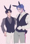  2boys ace_attorney animal_ears barok_van_zieks black_hair black_vest blue_hair collared_shirt gloves grey_shirt hand_on_hip highres kazuma_asogi long_sleeves looking_at_another male_focus multiple_boys muscular muscular_male noi350 pants rabbit_ears scar scar_on_face shirt short_hair standing tail the_great_ace_attorney vest white_gloves white_shirt 