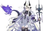  1girl arknights black_thighhighs blue_eyes breasts coat cowboy_shot dragon_girl dragon_horns dragon_tail dress eblana_(arknights) fangs_(fangs_art) flame-tipped_tail grey_hair hair_over_one_eye holding holding_polearm holding_weapon horns long_hair long_sleeves off_shoulder one_eye_covered open_clothes open_coat polearm sidelocks simple_background small_breasts solo spear speech_bubble tail thighhighs torn_clothes torn_thighhighs very_long_hair weapon white_background white_coat white_dress 