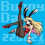  1girl animal_ears bangs blonde_hair blue_background blue_eyes bow bowtie bunny_day closed_mouth detached_collar fake_animal_ears fishnet_pantyhose fishnets high_heels leotard long_hair mabius nail_polish original pantyhose pixel_art playboy_bunny rabbit_ears red_bow red_bowtie red_footwear red_leotard solo strapless strapless_leotard wrist_cuffs 