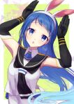  1girl alto2019 animal_ears bangs black_gloves black_neckerchief black_sailor_collar blue_eyes blue_hair bunny_pose elbow_gloves fake_animal_ears gloves gradient_hair hands_up highres kantai_collection long_hair looking_at_viewer multicolored_hair neckerchief one-hour_drawing_challenge sailor_collar samidare_(kancolle) school_uniform serafuku shirt sleeveless sleeveless_shirt solo swept_bangs upper_body very_long_hair 