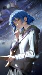 1girl bangs blue_hair bocchi_the_rock! closed_mouth earrings expressionless finger_to_mouth guitar holding holding_instrument instrument jewelry long_sleeves looking_at_viewer sa&#039;yuki short_hair single_earring yamada_ryou yellow_eyes 
