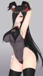  1girl absurdres animal_ears arm_behind_head arm_up armpits azur_lane bare_shoulders black_hair black_thighhighs bow breasts cleavage collar fake_animal_ears fnzz friedrich_der_grosse_(azur_lane) hair_over_one_eye highres horns large_breasts leotard long_hair looking_at_viewer mechanical_horns playboy_bunny red_horns smile solo strapless strapless_leotard thighhighs yellow_eyes 