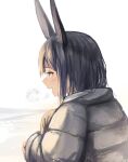  1girl :d absurdres animal_ears backlighting black_hair blush breath brown_eyes coat day from_side grey_coat highres knees_to_chest long_sleeves mosu918 open_mouth original outdoors profile rabbit_ears short_hair smile solo winter_clothes winter_coat 