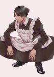  1boy ace_attorney alternate_costume apron arms_on_knees bangs black_dress black_eyes black_footwear black_hair collared_dress dress full_body highres juliet_sleeves kazuma_asogi long_sleeves looking_at_viewer maid male_focus noi350 open_mouth puffy_sleeves serious shoes short_hair simple_background sitting solo spread_legs squatting the_great_ace_attorney white_apron 