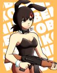  1girl absurdres ak-47 animal_ears assault_rifle bangs black_bow black_bowtie black_hair bow bowtie breasts chainsaw_man character_name detached_collar fake_animal_ears gun hair_ornament hairclip higashiyama_kobeni highres holding holding_gun holding_weapon kalashnikov_rifle kermittend leotard looking_to_the_side medium_hair pantyhose playboy_bunny rabbit_ears rifle short_ponytail simple_background single_sidelock small_breasts solo strapless strapless_leotard swept_bangs weapon wrist_cuffs yellow_background 