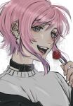  1boy :d absurdres amemura_ramuda anajudraws belt_collar blue_eyes candy collar ear_piercing food hair_ornament hairclip highres hypnosis_mic lollipop male_focus piercing pink_hair short_hair smile solo upper_body white_background 