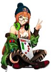  1girl air_jordan bangs beanie black-framed_eyewear black_choker black_shorts black_thighhighs blunt_bangs brand_name_imitation choker crossed_ankles full_body glasses green_jacket grin hat headphones headphones_around_neck highres hit_box_(controller) indian_style ito_(daisukidanchi) jacket long_hair off_shoulder one_eye_closed orange_hair persona persona_5 purple_eyes razer red_bull sakura_futaba shoelaces shoes short_shorts shorts simple_background sitting smile sneakers solo sticker straight_hair tank_top thighhighs torn_clothes torn_thighhighs v very_long_hair white_background white_tank_top 