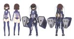  1girl armored_boots ass bare_shoulders black_gloves black_thighhighs blue_footwear blue_leotard boots breasts brown_hair cleavage_cutout clothing_cutout copyright_request covered_navel eye_mask gloves heijialan highres leotard mecha_musume multiple_views official_art purple_eyes simple_background small_breasts thigh_boots thighhighs white_background 
