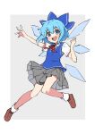  1girl :d alternate_costume bangs blue_bow blue_eyes blue_hair blue_vest bow brown_footwear cirno detached_wings full_body grey_skirt hair_bow highres ice ice_wings looking_at_viewer miz_(mizillustration) open_mouth pleated_skirt shirt short_hair short_sleeves skirt smile socks solo teeth touhou upper_teeth_only vest white_shirt white_socks wings 
