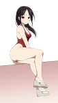  1girl ass bare_shoulders blush breasts cleavage closed_mouth competition_swimsuit coro_fae full_body highres kaguya-sama_wa_kokurasetai_~tensai-tachi_no_renai_zunousen~ long_hair looking_at_viewer one-piece_swimsuit photoshop_(medium) platform_footwear red_eyes red_one-piece_swimsuit sand sandals shinomiya_kaguya simple_background sitting smile solo swimsuit white_background 