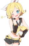  1girl ;d absurdres bare_shoulders blonde_hair blue_eyes blush bow bright_pupils contrapposto crop_top detached_sleeves hair_bow hair_ornament hairclip hand_on_hip heart highres kagamine_rin leg_warmers midriff navel one_eye_closed sailor_collar shirt short_hair shorts sleeveless sleeveless_shirt smile solo uruti_2388 vocaloid white_bow white_pupils 