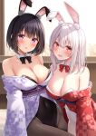  2girls :d :o animal_ear_fluff animal_ears bare_shoulders black_bow black_bowtie black_hair black_leotard black_pantyhose black_sash blue_sash blush bow bowtie breast_press breasts cleavage collar commentary_request covered_navel detached_collar fake_animal_ears floral_print furisode highleg highleg_leotard indoors japanese_clothes karutamo kimono leotard leotard_under_clothes long_hair looking_at_viewer medium_breasts multiple_girls obi off_shoulder original paid_reward_available pantyhose playboy_bunny print_kimono purple_eyes purple_kimono rabbit_ears red_bow red_bowtie red_eyes red_kimono sash short_hair sitting smile white_collar white_hair white_leotard wide_sleeves window wing_collar 