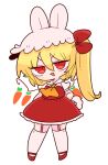  1girl animal_ears ascot blonde_hair carrot collared_shirt crystal fang flandre_scarlet frilled_shirt_collar frilled_skirt frilled_sleeves frills garter_belt hat hat_ribbon highres mary_janes medium_hair mob_cap one_side_up op_na_yarou puffy_short_sleeves puffy_sleeves rabbit_ears red_eyes red_footwear red_ribbon red_skirt red_vest ribbon shirt shoes short_sleeves simple_background skirt skirt_set slit_pupils smile solo thighhighs touhou vest white_background white_headwear white_shirt white_thighhighs wrist_cuffs yellow_ascot 