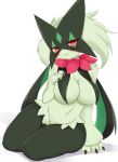  1girl :3 arm_support ayatori_(aytr) blush breasts claws closed_mouth full_body furry furry_female highres large_breasts looking_at_viewer meowscarada navel nude pokemon pokemon_(creature) red_eyes simple_background sitting solo white_background 