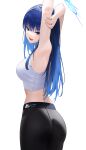  1girl absurdres armpits arms_up ass bangs bare_shoulders blue_archive blue_eyes blue_hair blurry breasts depth_of_field exercise harunii_(pvza4475) high-waist_pants highres long_hair looking_at_viewer medium_breasts open_mouth pants photo_background saori_(blue_archive) simple_background sleeveless smile solo sports_bra sportswear tight tight_pants white_background white_sports_bra yoga_pants 