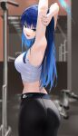  1girl absurdres armpits arms_up ass bangs bare_shoulders blue_archive blue_eyes blue_hair blurry blurry_background breasts depth_of_field exercise gym harunii_(pvza4475) high-waist_pants highres long_hair looking_at_viewer medium_breasts open_mouth pants photo_background saori_(blue_archive) sleeveless smile solo sports_bra sportswear tight tight_pants white_sports_bra yoga_pants 