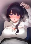  1boy 1girl ayomo_ro bangs blush breasts cleavage from_above genshin_impact highres large_breasts long_hair long_sleeves looking_at_viewer mole mole_under_eye open_mouth purple_eyes purple_hair raiden_shogun solo_focus sweater turtleneck turtleneck_sweater white_sweater 