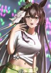  1girl :d absurdres aimi_(tikichin0229) animal_ears bangs blush breasts brown_eyes brown_hair commentary_request crop_top hair_ribbon hand_up highres horse_ears large_breasts long_hair looking_at_viewer midriff navel open_mouth ribbon satono_diamond_(umamusume) shirt smile solo stomach tied_shirt umamusume upper_body very_long_hair white_shirt 