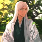  1boy absurdres bleach blurry blurry_background closed_mouth collarbone dated green_eyes hair_between_eyes haori highres japanese_clothes jou_(jo_jjo) leaf long_hair smile taichou_haori tree ukitake_juushirou white_hair wind 