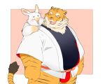  2023 anthro asian_clothing belly big_belly clothing duo east_asian_clothing eyes_closed felid fundoshi hi_res inunoshippo japanese_clothing kemono lagomorph leporid male mammal overweight overweight_male pantherine rabbit red_clothing red_fundoshi red_underwear shirt simple_background size_difference tiger topwear underwear 