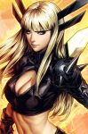  1girl black_gloves blonde_hair blue_eyes breasts cleavage cleavage_cutout closed_mouth clothing_cutout fake_horns gloves highres horns long_hair magik_(x-men) marvel medium_breasts midriff shoulder_spikes signature smile spikes stanley_lau x-men 