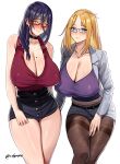  2girls absurdres bangs_pinned_back bare_shoulders belt black_choker blonde_hair blue_eyes blush braid breasts choker cleavage curvy earrings folded_hair glasses grey_skirt hair_over_shoulder hair_pulled_back high-waist_skirt highres huge_breasts inne_sulistya_robin jewelry looking_at_viewer looking_to_the_side midriff mole mole_on_breast multiple_girls necklace office_lady original pantyhose shirt sidelocks single_braid single_earring skirt sleepyhead sleeveless sleeveless_shirt smile teacher thighband_pantyhose thighs twitter_username white_background yellow_eyes 