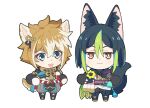 2boys animal_ear_fluff animated animated_gif blue_eyes brown_hair chibi crop_top dog_boy dog_tail flower fox_boy genshin_impact gorou_(genshin_impact) green_eyes green_hair hair_between_eyes igote looking_at_viewer male_focus multicolored_hair multiple_boys n4391 open_mouth simple_background smile streaked_hair tail tighnari_(genshin_impact) white_background yellow_flower 