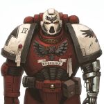  1boy adeptus_astartes armor blood_ravens fonteart helmet highres imperium_of_man looking_at_viewer male_focus mechanical_arms pauldrons shoulder_armor simple_background single_mechanical_arm skull_ornament solo space_marine upper_body warhammer_40k white_background 