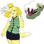  absurd_res animal_crossing anthro bottomwear canid canine clothing currentlytr_ash exclamation_point female hi_res isabelle_(animal_crossing) mammal nintendo prank sable_able skirt solo_focus stuck tail thought_bubble 