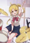  1girl :d ahoge arm_up armpits bangs between_legs blonde_hair blue_skirt bocchi_the_rock! bow bowtie cymbals drum drum_set drumsticks hand_between_legs highres holding holding_drumsticks ijichi_nijika instrument light_particles looking_at_viewer microphone open_mouth orange_eyes red_bow red_bowtie school_uniform shirt short_sleeves side_ponytail sidelocks sitting skirt smile solo white_shirt yakousei_a 