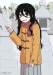  1girl bags_under_eyes black_eyes black_hair blurry blurry_background camekirin jacket jimiko long_hair messy_hair original outdoors scarf solo 