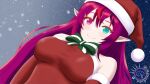  1girl absurdres blue_eyes bow breasts christmas hat heterochromia highres hololive hololive_english irys_(hololive) long_hair looking_at_viewer merriegold_d pink_eyes pointy_ears purple_hair red_hair santa_costume santa_hat snow virtual_youtuber 