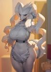  2022 anthro belly big_butt blue_eyes blush blush_lines breasts butt clothing curvy_figure detailed detailed_background door doorknob dragon female fur generation_5_pokemon glistening glistening_clothing hand_on_breast hand_on_ear hi_res hourglass_figure legendary_pokemon looking_at_viewer maid_apron maid_uniform medium_breasts mostly_nude nintendo opening_door pokemon pokemon_(species) ratta108 reshiram shaded shaded_background shaded_face shadow shy side_boob solo tail thick_thighs tufted_fur twilight uniform white_body white_fur wide_hips 