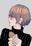  1girl black_sweater food from_side glasses holding holding_food light_brown_hair lips looking_ahead original parted_lips peco_(pockleberry) pink_lips pinstripe_pattern profile red-framed_eyewear red_eyes short_hair simple_background solo striped sweater taiyaki turtleneck turtleneck_sweater upper_body very_short_hair wagashi 