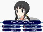  1girl 2023 aiu404l black_eyes black_hair confused dress english_text eyebrows_hidden_by_hair hair_ribbon long_hair original quiz ribbon solo sweat twintails white_dress who_wants_to_be_a_millionaire 