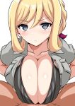  1boy 1girl alice_gear_aegis bikini bikini_under_clothes black_bikini black_eyes blonde_hair blush breast_pocket breasts breasts_squeezed_together cleavage collarbone hetero highres large_breasts long_hair looking_at_viewer open_clothes open_shirt paizuri paizuri_under_clothes pocket rita_henschel short_sleeves solo_focus spread_legs swimsuit tawashi1623 unbuttoned unbuttoned_shirt v-shaped_eyebrows 