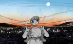  1girl belt bird city city_lights dress dusk gradient_sky greyscale_with_colored_background highres hood looking_to_the_side moon no_sclera onobane optical_illusion orange_nails original sky smile star_(sky) starry_sky tying 