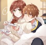  ! 1boy 1girl :o bangs bed_sheet bedroom black_pants blue_shirt blue_sweater blurry blurry_background brown_eyes brown_hair brown_sweater closed_mouth collared_shirt controller green_eyes h_haluhalu415 holding holding_controller hug hug_from_behind indoors long_hair long_sleeves looking_at_another luke_pearce_(tears_of_themis) open_mouth pants rosa_(tears_of_themis) shirt short_hair spoken_exclamation_mark sweater tears_of_themis turtleneck turtleneck_sweater 