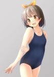  1girl :d arm_behind_back arm_grab bangs bare_arms bare_shoulders blue_one-piece_swimsuit blush breasts brown_eyes brown_hair collarbone commentary_request grey_background hair_ribbon head_tilt highres one-piece_swimsuit orange_ribbon original ribbon school_swimsuit shibacha simple_background small_breasts smile solo swimsuit 