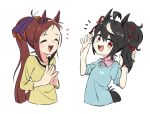  2girls :d ^_^ ahoge animal_ears appleq bangs black_hair black_shirt blue_sweater brown_hair closed_eyes collared_shirt commentary_request cropped_torso dress_shirt forehead hair_between_eyes hands_up highres horse_ears horse_girl horse_tail kitasan_black_(umamusume) long_hair multicolored_hair multiple_girls notice_lines pink_shirt ponytail red_eyes sakura_bakushin_o_(umamusume) shirt smile steepled_fingers streaked_hair sweater tail umamusume upper_body very_long_hair white_hair yellow_shirt 