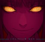  1girl bangs chainsaw_man close-up copyright_name dbrhk0506 highres limited_palette looking_at_viewer makima_(chainsaw_man) medium_hair red_background red_theme ringed_eyes sidelocks simple_background smile solo yellow_eyes 