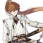  1boy bangs brown_eyes brown_hair chinese_clothes closed_mouth h_haluhalu415 holding holding_sword holding_weapon long_hair long_sleeves looking_at_viewer luke_pearce_(tears_of_themis) male_focus ponytail sheath sheathed smile solo sword tears_of_themis weapon 